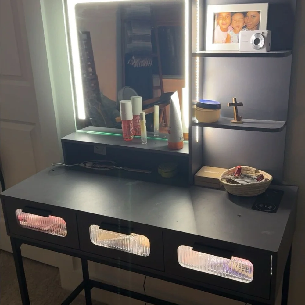 Modern Black Vanity Table with Mirror